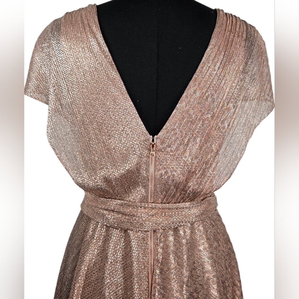 NWT $405 Alice + Olivia Darva Faux Wrap Midi Dress 6 | Rose Gold Lamé Metallic - Picture 11 of 16